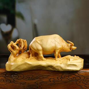 黄木雕物动牧牛人童子童杨年乐趣家居装牧牛童子饰品木质生肖物牛