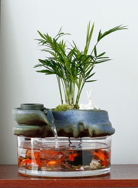 中式招财流水循环水陶瓷摆件水景迷你办公室桌面小型茶桌装饰礼品