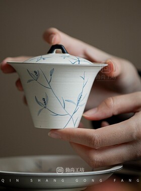 粉引手绘花二才盖碗个不烫手兰陶功夫茶具家用泡茶碗2024-6-2单手