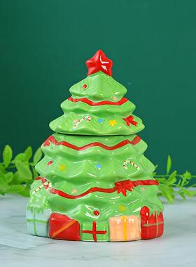 圣诞雪人圣陶诞树圣瓷诞APF节饼干罐纯手绘工彩陶瓷糖果罐储物罐