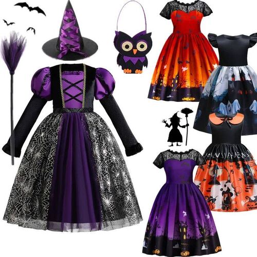 Fancy Magic Witch Halloween Costume for Kids Bat Ghost Gothi