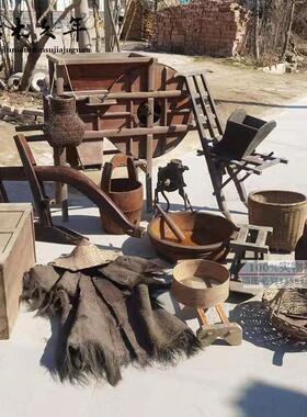 民俗怀旧老物件风车木犁老木桶盆老风箱木斗农耕农具装电影道具