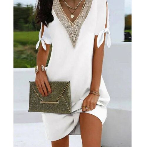 Summer Women Solid Color V-neck Dress Fashion Craft Cuff