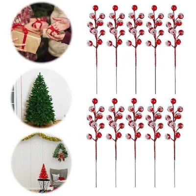 10Pcs Snow Frosted Red Berry Stems Holly Frosted Berry