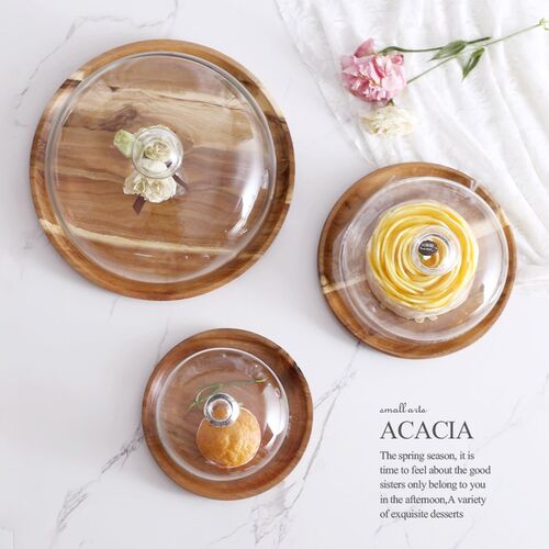 Acacia Wooden Cake Plate with Cover Fruit Dessert Serving Tr