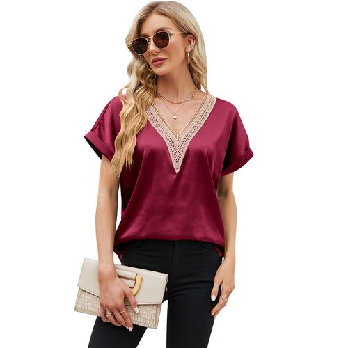 Womens V-neck Satin Short-sleeved Shirt Lace Lace Ding Top