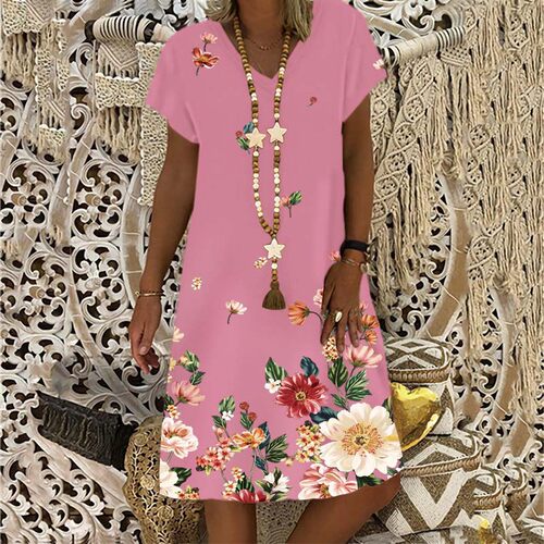 Womens New Short Sleeve Round Neck Dress  Summer Flower