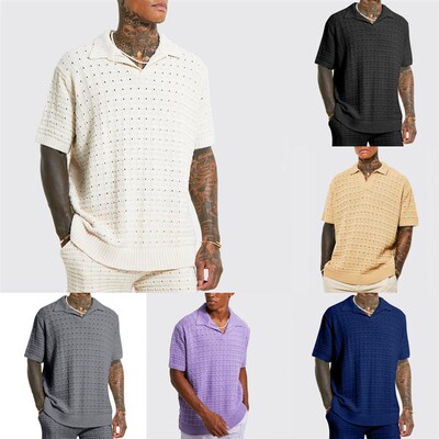 Mens Sretch Loosen Sweater Mens Knitted Short-sleeved Casu