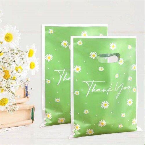 10pcs Green Daisy Flower Thank You Tote Gift Bags Plastic