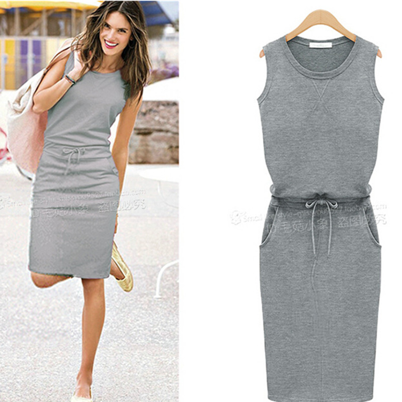 Summer Women Dresses Casual O Neck Sleeveless Pockets Lace图片