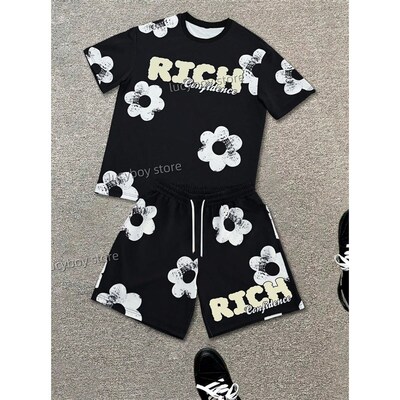 2025 white flowers  Printed Mens Suit 2 Pieces Set Casual S