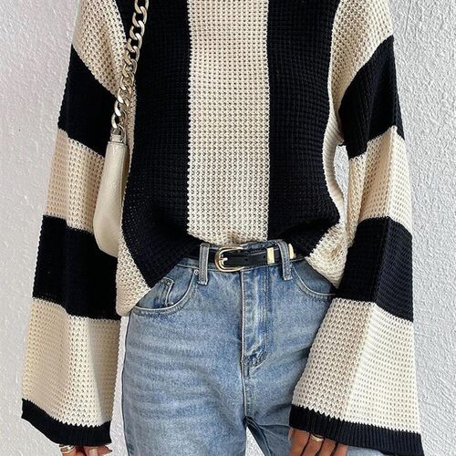Autumn Striped Pullovers Women Vintage Knitted Sweater