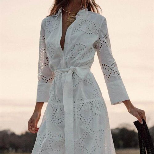 Pokiha 2023 Elegant Embroidered Women Maxi Dress Chic Lapel