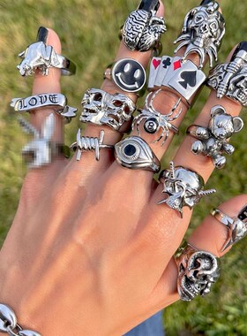 Ins Gothic Punk Heart Grog Skull Rings for Women Men Vintage