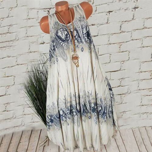 Women Summer Flower Print Sleeveless Round Neck Loose Shift