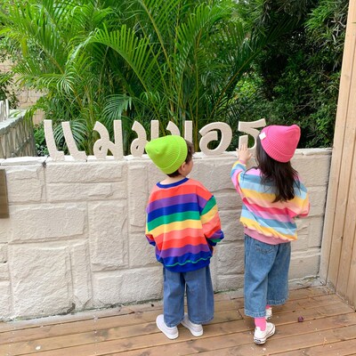 Korean style Autumn boys girls casual rainbow striped sweats