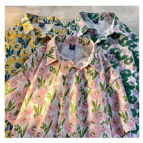 Vintage Fashion Flower Print Button Up Shirt Women Shirts Bl