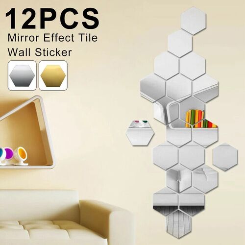 12pcs 3D Mirror Wall Stickers Hexagon Shape Acrylic Removabl