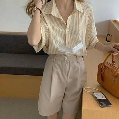 Deeptown Elegant and Youth Woman Blouses Striped Green Shirt