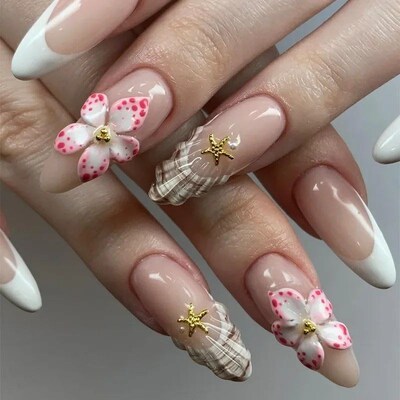 24pcs Almond Press on Nails Flower False Nails Wearable Stic