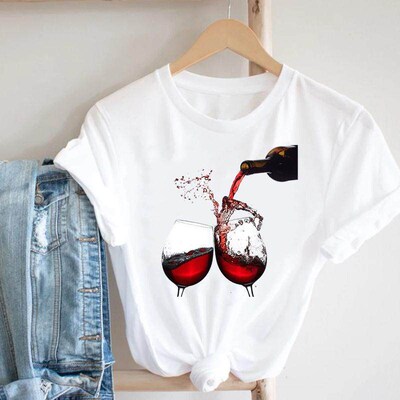 Women Printing Clothing Wine Lady Short Sleeve Casual 90s