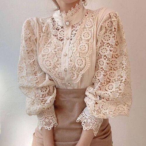 New Vintage White Lace Blouse Shirts Women 2023 Korean Butto