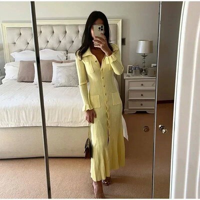 Winter Knitted Dress Women 2024 New Long Sleelve Ruffles