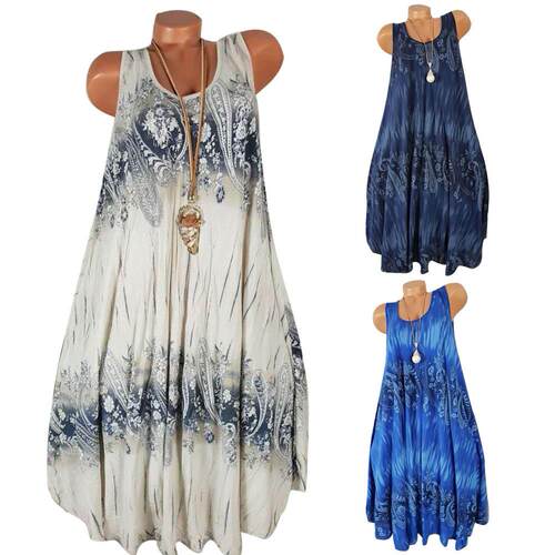 Women Summer Flower Print Sleeveless Round Neck Loose Shift