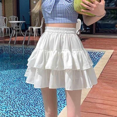 Pleated A-Line Skirt Women White Ruffle Sweet Tierred Pretty