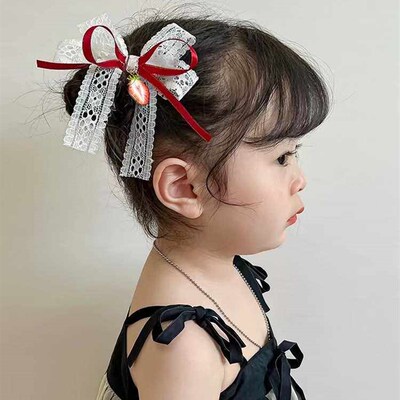 1 Pair of Red Cherry Bow Hairpin Female Childrens Cute Prin