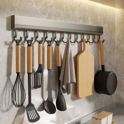 Aluminum Alloy Hooks Rack Wall Mounted Drill-free Kitchen Ut