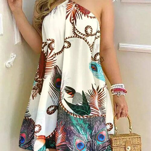 Tropical Print Halter Backless Casual Dress Women Strapless