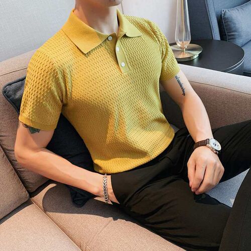 Knitted Polo Shirt Mens Summer Thin Solid Color Wavy Patter