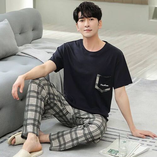Mens Home Clothes Summer Striped Cotton Sleepwear Lounge Se