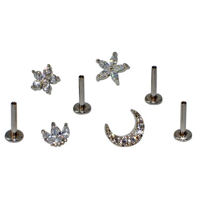 1PC G23 Titanium&Steel 16G CZ Gem Moon Labret Lip Bar Ring C