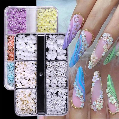 Hot Selling 6 Grids Macaron 3D Resin Five-petal Flowers Nail