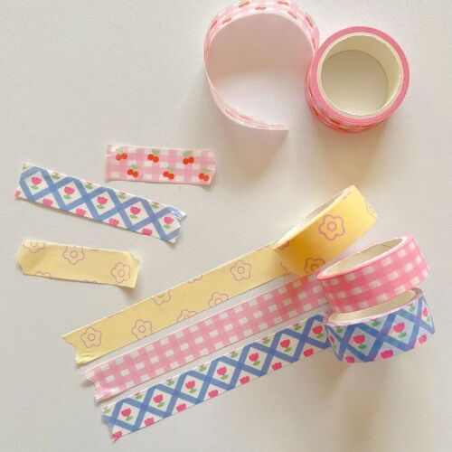 1Pcs Pink Grid Cherry Flower Washi Tape Decorative Adhesive