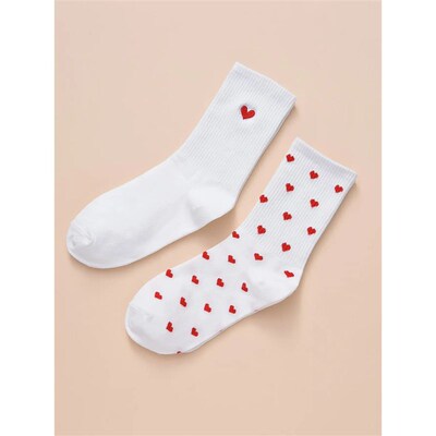 2 Pairs Women Middle Stockings Set Red Heart Pattern in Whit