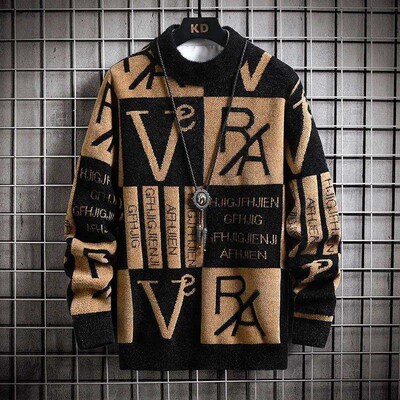 Men Knitted Sweater Stripe Pullovers Printing Round Neck Swe