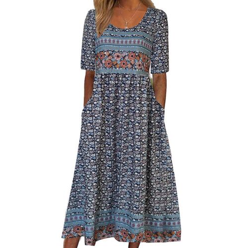 2025 Womens Round Neck Short Sleeve Dress Bohemian Printed