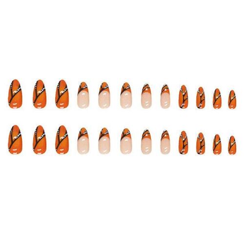 Orange & Black Almond Fake Nails Black Lines Glossy -Length