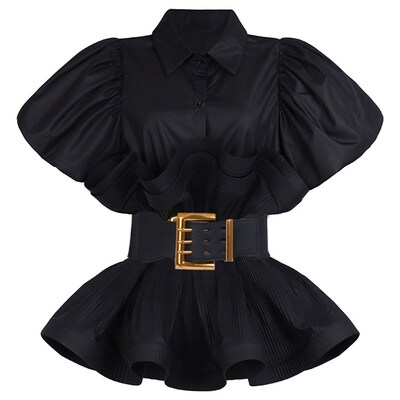 SISPELL Green Shirt For Women Lapel Puff Sleeve Fold