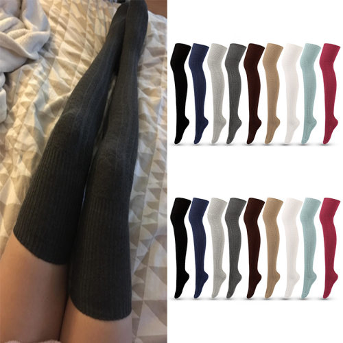 Instime 1 Pair Solid Color Thigh High Stockings Cotton Leg W