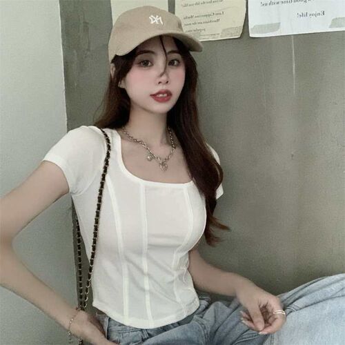 Hot Girl Top Summer Womens New Fishbone Square Collar Desig