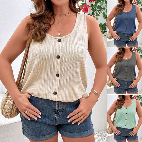 Plus Size Womens 2025 Casual Vest Solid lor Round Neck Slee