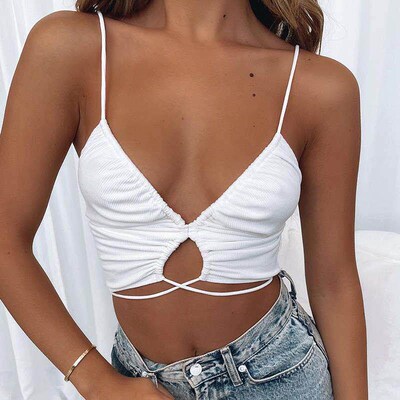 Spaghetti Straps Camis Women Ruched Deep V-Neck Crop Tops Ch
