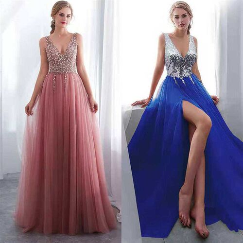 Women dress deep V sleeveless slit sequin evening gown女礼服