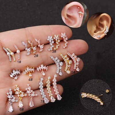 1Piece Curved Cz Cartilage Stud Helix Rook Conch Screw Back