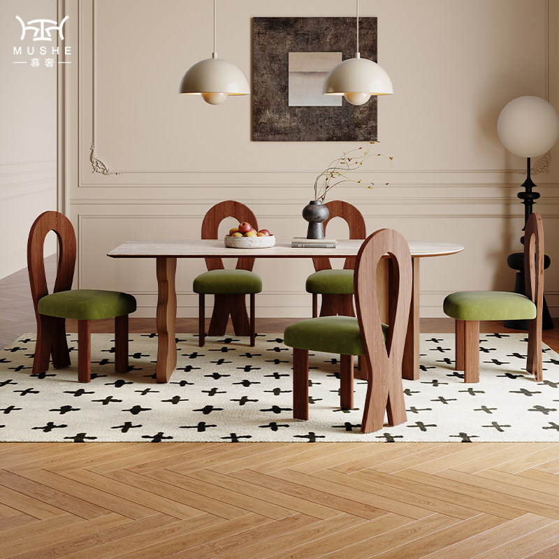 暮奢法式复古洞石岩板餐桌椅北美黑胡桃实木设计师半椭圆岛台餐桌,住宅家具,岩板餐桌,淘宝优惠券,粉丝福利购,淘宝优惠卷