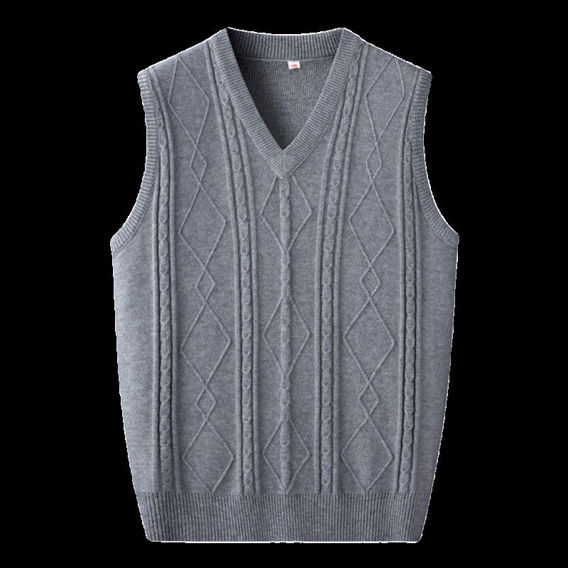 秋冬季中年男士V领宽松套头羊毛背心大码爸爸装提花针织毛衣马甲